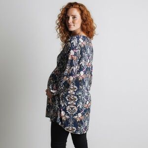 Octavia maternity navy blue floral sheer whimsy button up tie back tunic length